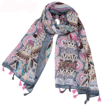 New arrival pakistani scarf hijab tribal print scarf cotton voile material tassel scarf
